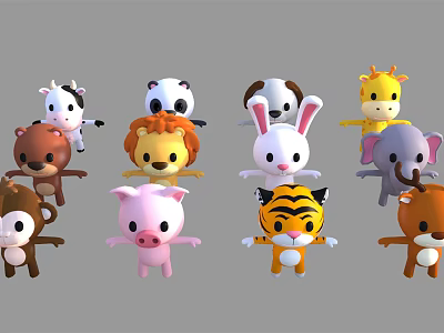 Cute Cartoon Animal Toys Collection With Various Characters Like Panda Lion And Rabbit 3d model