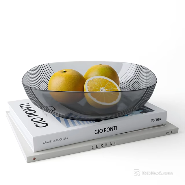 Fresh Oranges in Black Striped Glass Bowl with Whole and Sliced Fruits on Books 3d model 