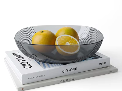 Fresh Oranges in Black Striped Glass Bowl with Whole and Sliced Fruits on Books 3d model