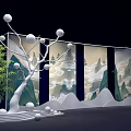 Oriental Decorative Screen With Mountain Landscape Pattern White Tree And Green Bamboo In Black Background 3d model