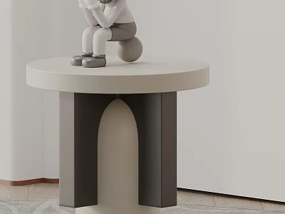 Modern Round Top Side Table With Gray And Beige Geometric Base And Decorative Figurine 3d model