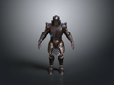 Detailed Game Movie Character In Metallic Armor With Blue Accents And Shiny Surface 3d model