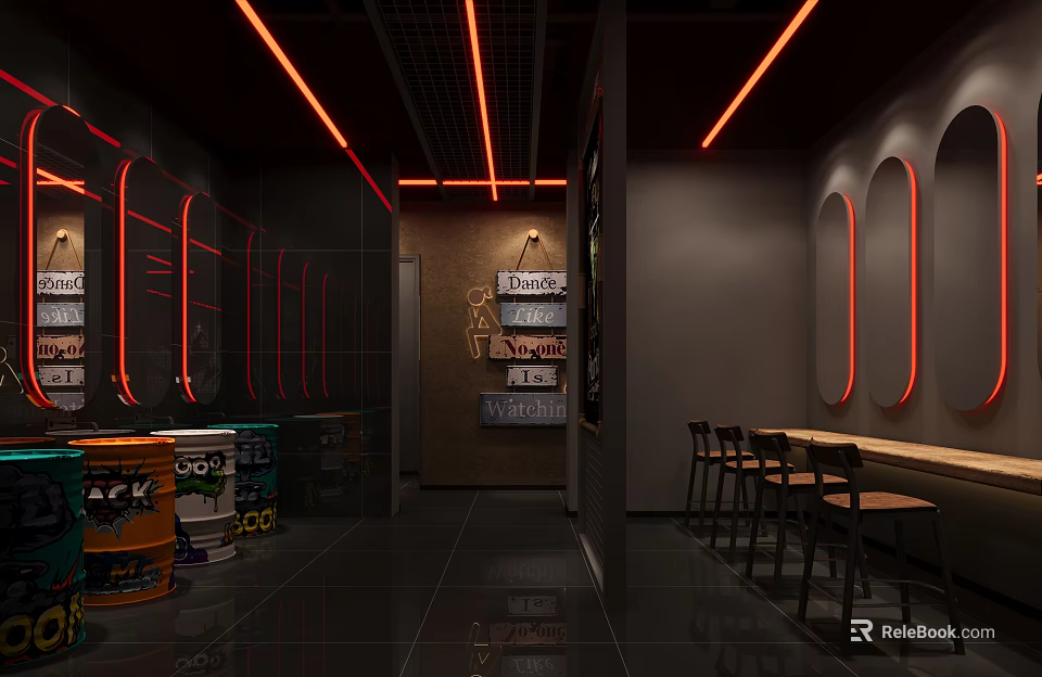 Stylish Modern Bar Interior With Neon Lights Counter High Stools And Decorative Wall Design 3d model 