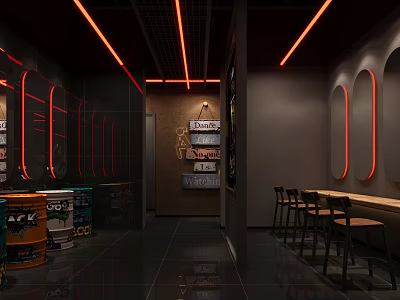 Stylish Modern Bar Interior With Neon Lights Counter High Stools And Decorative Wall Design 3d model
