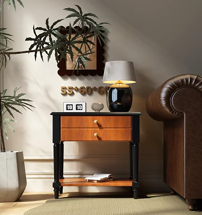 Black Wooden Nightstand With Drawers Table Lamp Alarm Clock Decorative Numbers Plant And Leather Sofa 3d model