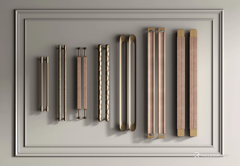 Various Door Handles With Metal And Wooden Materials Arranged In Different Designs On Gray Background 3d model 