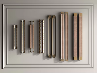 Various Door Handles With Metal And Wooden Materials Arranged In Different Designs On Gray Background 3d model