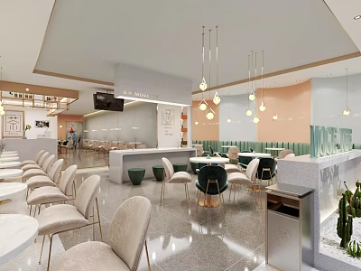 Modern Milk Tea Shop Interior Design With Comfortable Seating And Elegant Pendant Lights 3d model