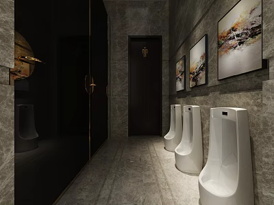 Public Restroom Interior With White Urinals Gray Stone Walls And Decorative Paintings 3d model