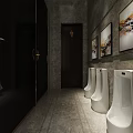 Public Restroom Interior With White Urinals Gray Stone Walls And Decorative Paintings