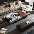 Modern Living Room Interior With Beige L Shaped Sofa And Wooden Marble Coffee Table Set