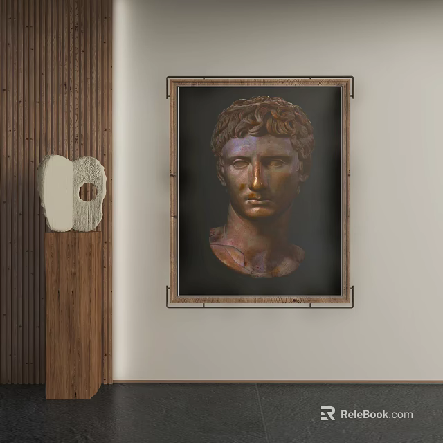 Classical Portrait Painting Of Bronze Bust With Wooden Frame Hanging On Wall 3d model 