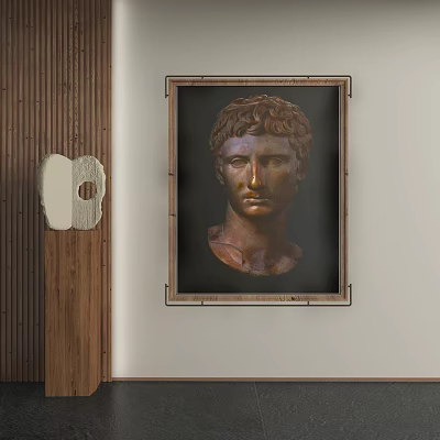 Classical Portrait Painting Of Bronze Bust With Wooden Frame Hanging On Wall 3d model