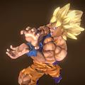 Anime Super Saiyan Sculpture Featuring Golden Hair Muscular Build Battle Stance Orange Pants Blue Wristbands