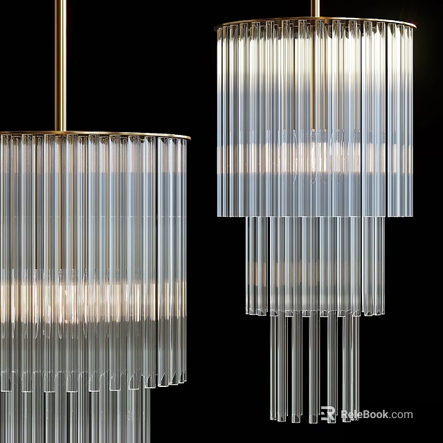 Elegant Modern Chandelier With Transparent Glass Strips And Gold Accent Tiered Structure 3d model 