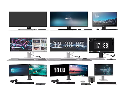 Diverse Computer Monitor Setups with Time Data Scenery Displays and Peripherals 3d model