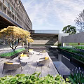 Modern Sales Office Building With Geometric Facade And Water Reflections In Landscaped Area