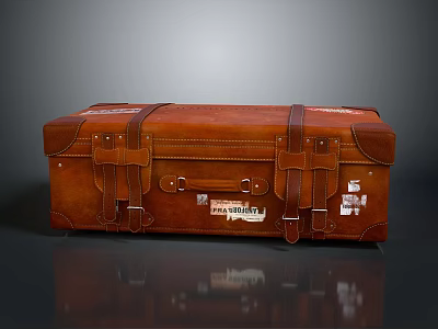 Vintage Brown Leather Suitcase With Straps Buckles And Travel Labels 3d model