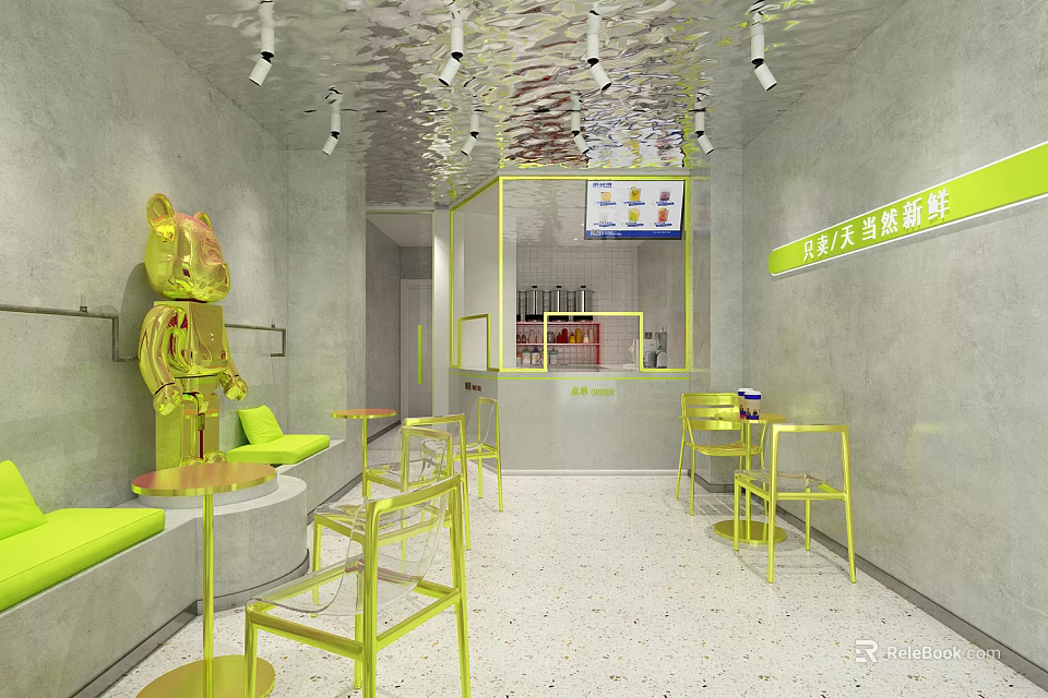 Modern Bubble Tea Shop Interior With Yellow Furniture Green Seats Metal Ceiling And Cartoon Sculpture 3d model 