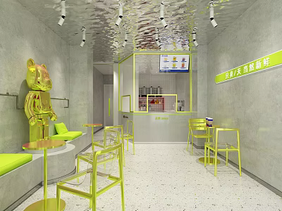 Modern Bubble Tea Shop Interior With Yellow Furniture Green Seats Metal Ceiling And Cartoon Sculpture 3d model