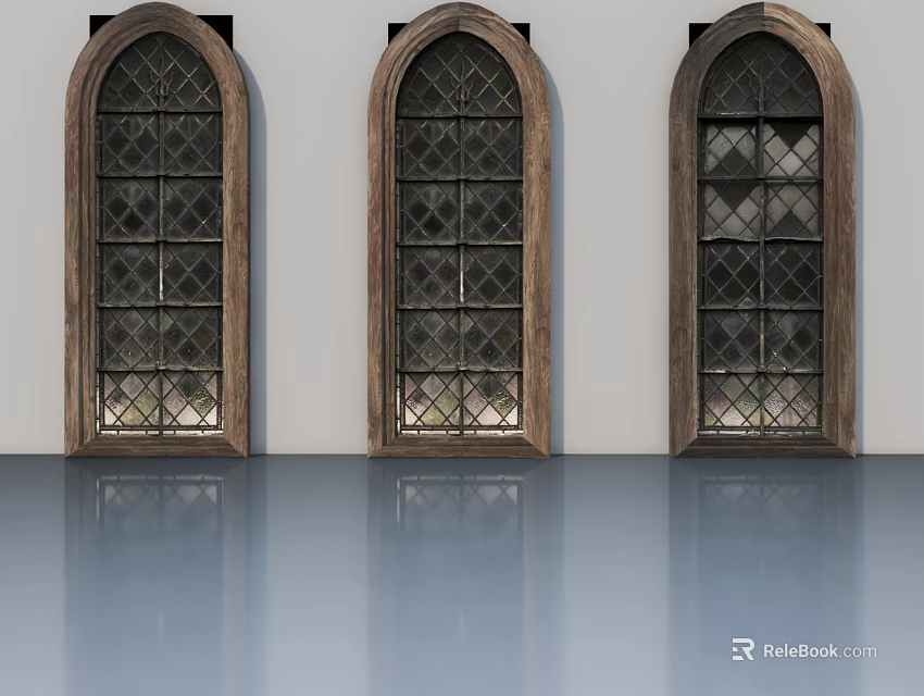 Landscape Sculpture With Three Arched Windows Wooden Frames Lattice Glass And Smooth Reflective Floor 3d model 