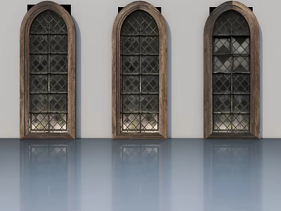 Landscape Sculpture With Three Arched Windows Wooden Frames Lattice Glass And Smooth Reflective Floor 3d model