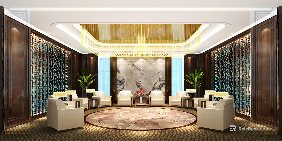 Elegant Hotel Public Lounge Area With Ornate Golden Chandelier White Armchairs And Marble Accent Wall 3d model 