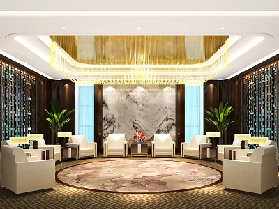 Elegant Hotel Public Lounge Area With Ornate Golden Chandelier White Armchairs And Marble Accent Wall 3d model