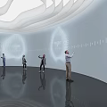 Future Themed Technology Exhibition Hall With Curved White Walls And Visitors Exploring