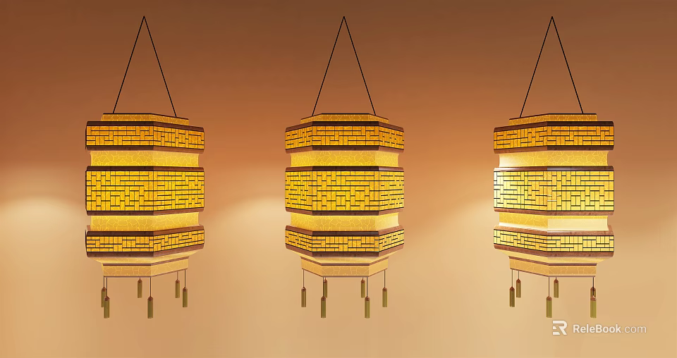 Three Traditional Woven Chandeliers with Warm Yellow Layered Hexagonal Design and Hanging Tassels 3d model 