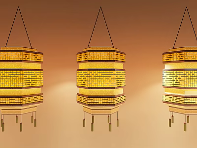 Three Traditional Woven Chandeliers with Warm Yellow Layered Hexagonal Design and Hanging Tassels 3d model