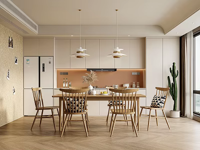 Modern Restaurant Open Kitchen Interior With Dining Table Chairs Pendant Lights And Cabinets 3d model