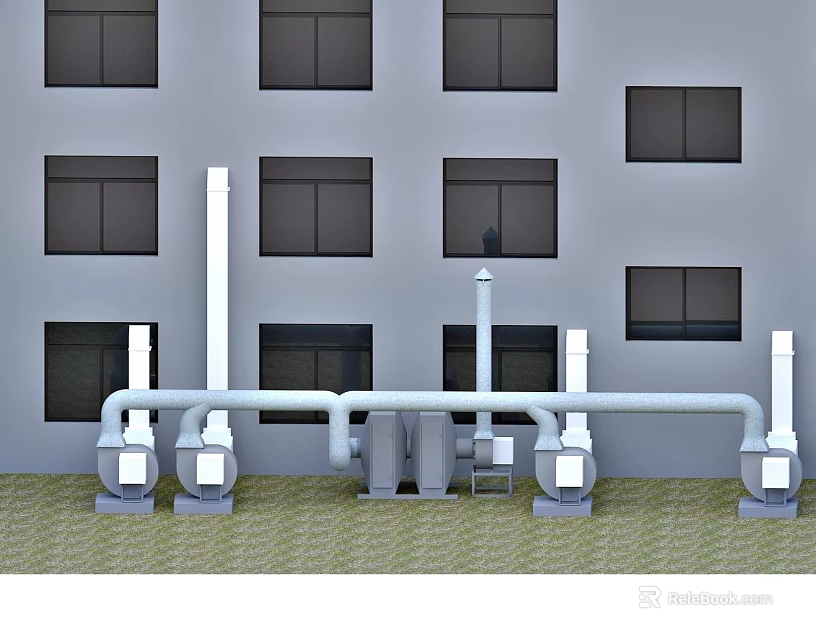 Outdoor Industrial Equipment With Pipes And Ventilation Systems Near Building 3d model 