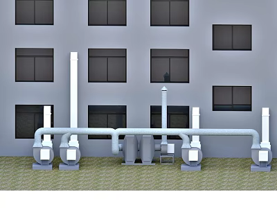 Outdoor Industrial Equipment With Pipes And Ventilation Systems Near Building 3d model