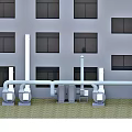 Outdoor Industrial Equipment With Pipes And Ventilation Systems Near Building