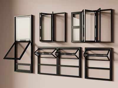 Various Types of Black Frame Windows with Different Opening Designs on Beige Wall 3d model