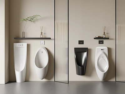 Modern Bathroom Urinals in White and Black Designs with Shelf and Decorative Plants 3d model