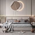 Modern Bedroom Interior Design With Round Decorative Mirror Striped Wall And Area Rug