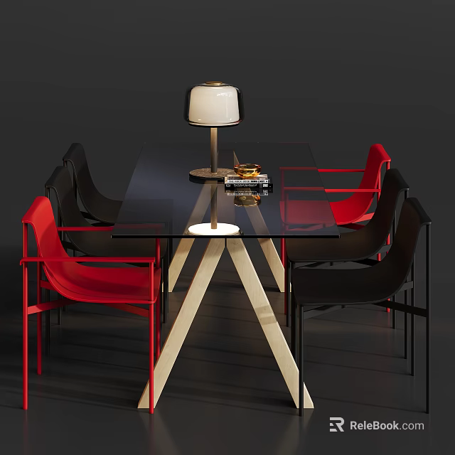 Modern Dining Table Set With Glass Top Wooden Legs Red Black Chairs And Table Lamp 3d model 