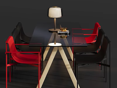 Modern Dining Table Set With Glass Top Wooden Legs Red Black Chairs And Table Lamp 3d model