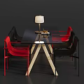 Modern Dining Table Set With Glass Top Wooden Legs Red Black Chairs And Table Lamp