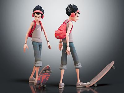 Modern game character skateboard boy cartoon boy 3d model