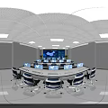 Modern Control Room Interior With Multiple Computer Workstations And Large Digital Display Screen 3d model