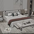 Modern Bedroom Interior with Double Bed Multiple Pillows Bedside Lamps and Bench 3d model