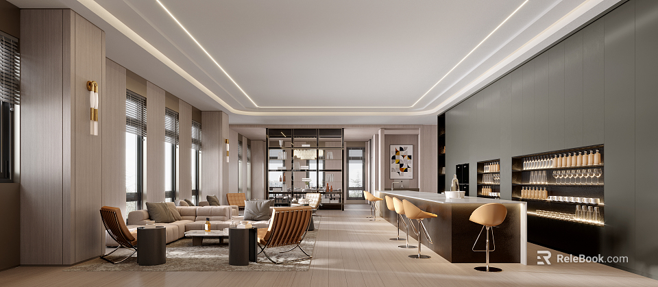 Modern Leisure Area With Cozy Sofa Armchairs Bar Stools And Soft Lighting 3d model 
