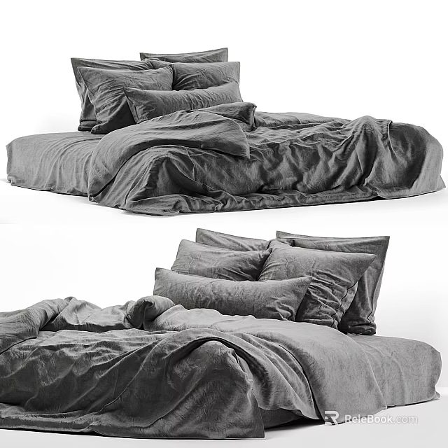 Comfortable Double Bed With Multiple Soft Pillows And Cozy Linen Bedspread 3d model 