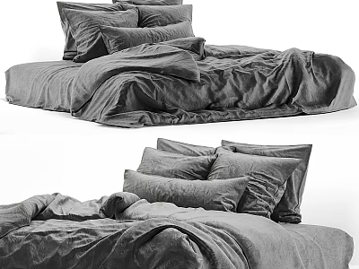 Comfortable Double Bed With Multiple Soft Pillows And Cozy Linen Bedspread 3d model