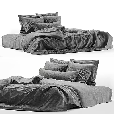 Comfortable Double Bed With Multiple Soft Pillows And Cozy Linen Bedspread 3d model