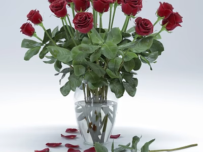 Red Roses In Transparent Glass Vase With Water And Scattered Petals Leaves 3d model