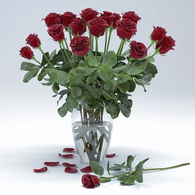 Red Roses In Transparent Glass Vase With Water And Scattered Petals Leaves 3d model